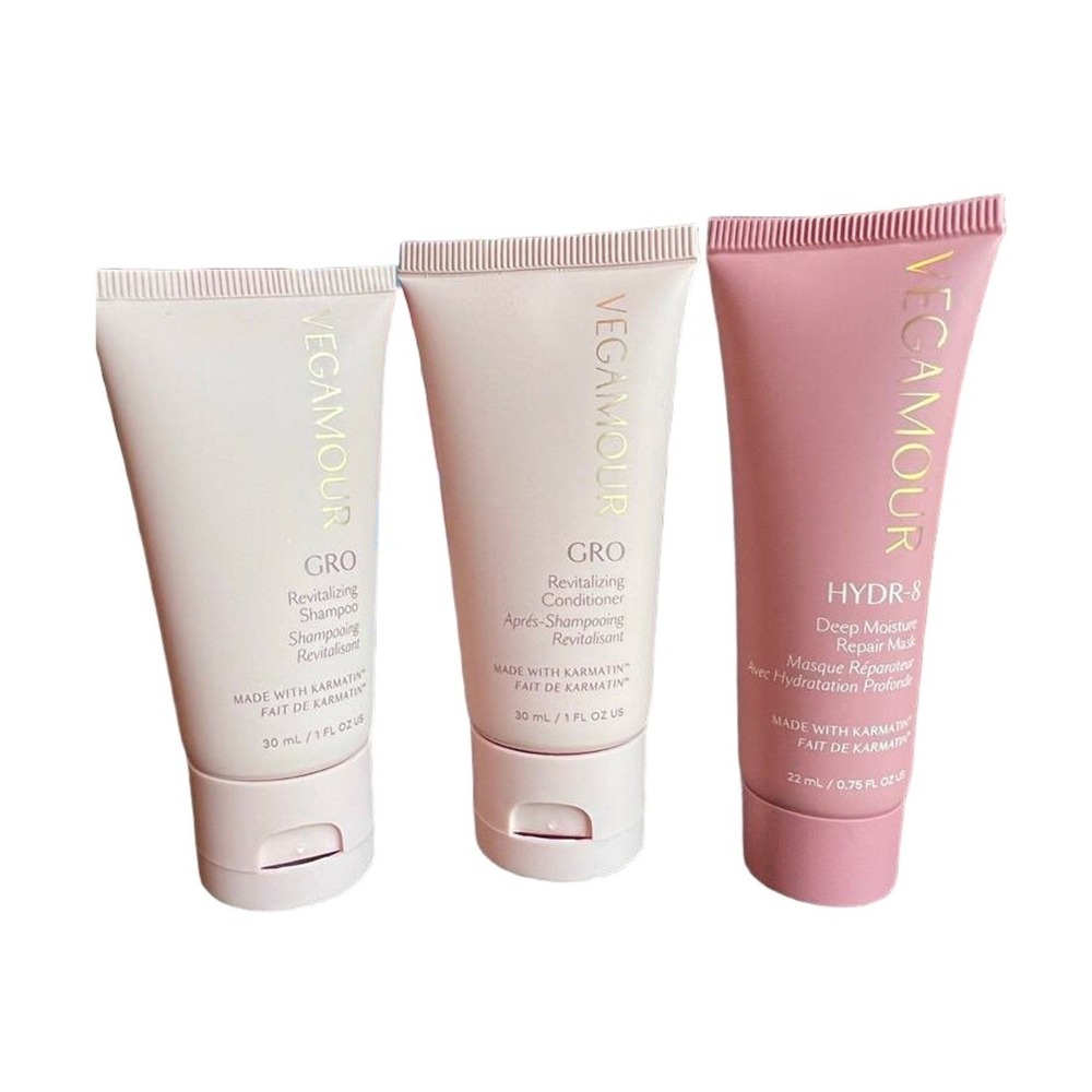 Vegamour GRO Revitalizing Shampoo Conditioner & HYDR-8 Hair Mask Travel Set 3pc
